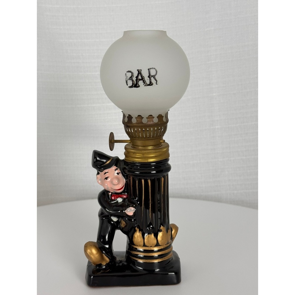 Vintage 1950s Ceramic Drunk Hobo BAR Oil Lamp Frosted Globe MCM Kitsch